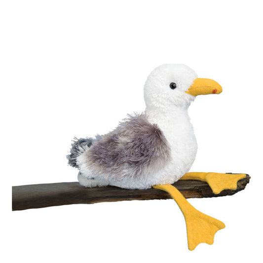 Det här är Seymour, en mås från Douglas Cuddle Toys. Han sitter ner och har kort, tät och glansig vit päls på huvud, hals, bröst och mage, medan vingarna och stjärtens ovansida har längre, rufsig grå päls med mörkgrå och svarta spetsar. Näbben är gul och lite spetsig, med en liten orange prick sydd längst ut. Simfötterna är gula, platta och sträcker sig framåt. Ögonen är svarta och runda. Inga kläder eller tillbehör. Gosedjuret är inte ledat och har ett lugnt, nöjt uttryck.