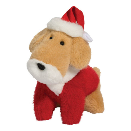 Det här är en jultomtehund från Douglas Cuddle Toys. Liten stående hund med mellanlång, rak och lätt glansig päls i beige och vitt samt svarta ansiktsdetaljer. Beige päls på huvud, öron, rygg och bakben; nos, bröst och hals är vita, öronens insida är beige. Ögonen är små och svarta, nosen svart och oval. Frambenen täcks av en röd tröja, så tassarnas ovansida syns inte, medan de bakre tassarna är beige. Hunden bär röd tomteluva med vit kant och röd tröja, står upprätt och har en mjuk, nyfiken min.