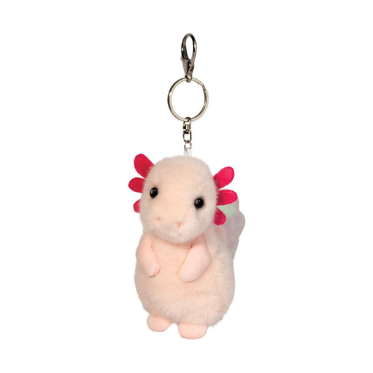 Det här är en axolotl från Douglas Cuddle Toys. Pälsen är ljusrosa och vit, mycket kort, slät och lätt blank, och på svansen finns ljusgröna och skimrande flerfärgade fläckar. Nos, mage, tassar och trampdynor är lika ljusrosa som kroppen. De klarrosa gälarna sitter symmetriskt på var sida av huvudet. Ögonen är runda och svarta, nosen ljusrosa med två små sydda näsborrar. Den sitter och har en mild, nyfiken uppsyn.