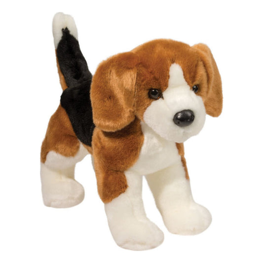 Det här är Bernie, en beagle från Douglas Cuddle Toys. Hunden står och har kort, slät päls med en svag glans i brunt, svart och vitt. Nosen är vit, öronens insida brun, magen och tassarna vita och trampdynorna ser vita ut. Ögonen är bruna och nostryffeln svart och rundat oval. Han har en vit bläs i pannan, en svart sadel över ryggen och vit svansspets. Öronen är långa och hängande, svansen rak och uppåtriktad, de fyra benen raka och ansiktsuttrycket neutralt och milt.