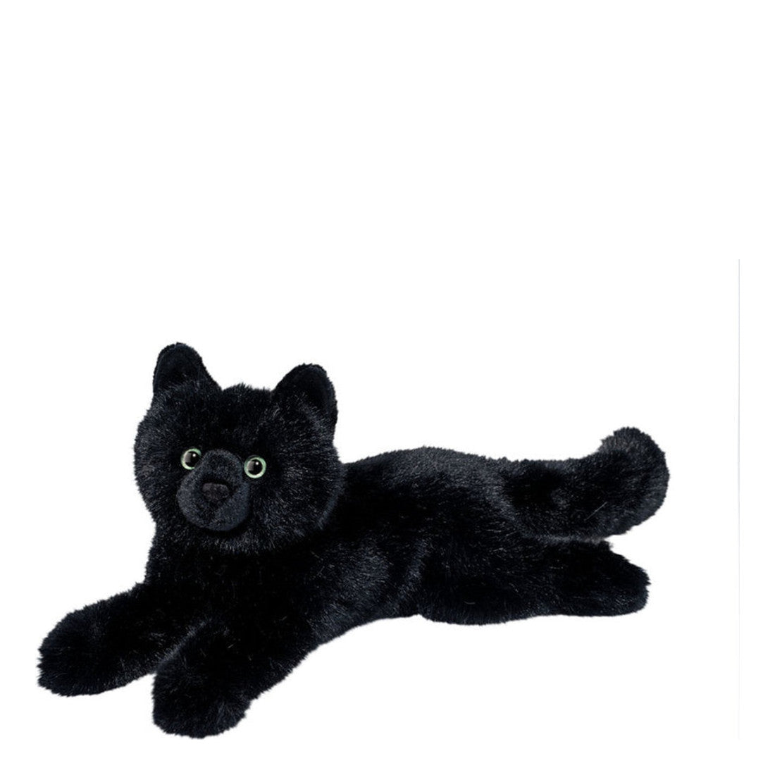 This is Tug by Douglas Cuddle Toys. Tug is a black cat lying stretched out with front legs extended forward and hind legs extended back, tail curved slightly to the side. The fur is black, short to medium in length, dense and with a soft sheen. The muzzle, inner ears, tummy and paws are black and match the fur; paw pads are not visible. Eyes are green with dark pupils. Nose is black and rounded. There are no visible markings, garments or accessories. The face suggests a calm, slightly curious expression.