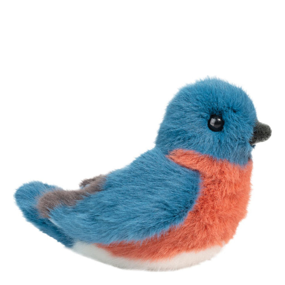 Det här är Blåsångaren Bertie, en fågel från Douglas Cuddle Toys. Liten sittande fågel med lång, fluffig päls som har svag glans och ser mjuk ut. Pälsen är blå på huvudet, ryggen och vingarna, orange på bröstet och sidorna, vit på nedre magen och grå i små inslag på stjärt och näbb. Huvudet är runt med kort grå näbb och ett runt svart öga på sidan. Vingarna ligger vikta mot kroppen och en kort stjärt sticker ut baktill. Ansiktet har en lugn och nöjd min.