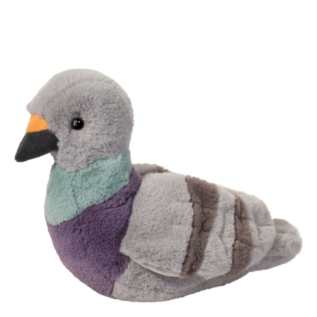 This is Pennie by Douglas Cuddle Toys. Sitting bird with short, dense, softly sheened fur. Overall fur is light gray on head, back, wings and tail, with darker gray horizontal striping across the wings and tail. The chest fur is purple and a band of muted green fur circles the lower neck. The beak is two-toned: a short triangular black lower beak with a small orange upper section. Eyes are black and set round in the head. No visible limbs, paws or inner ear detailing. The plush is in a relaxed sitting ...