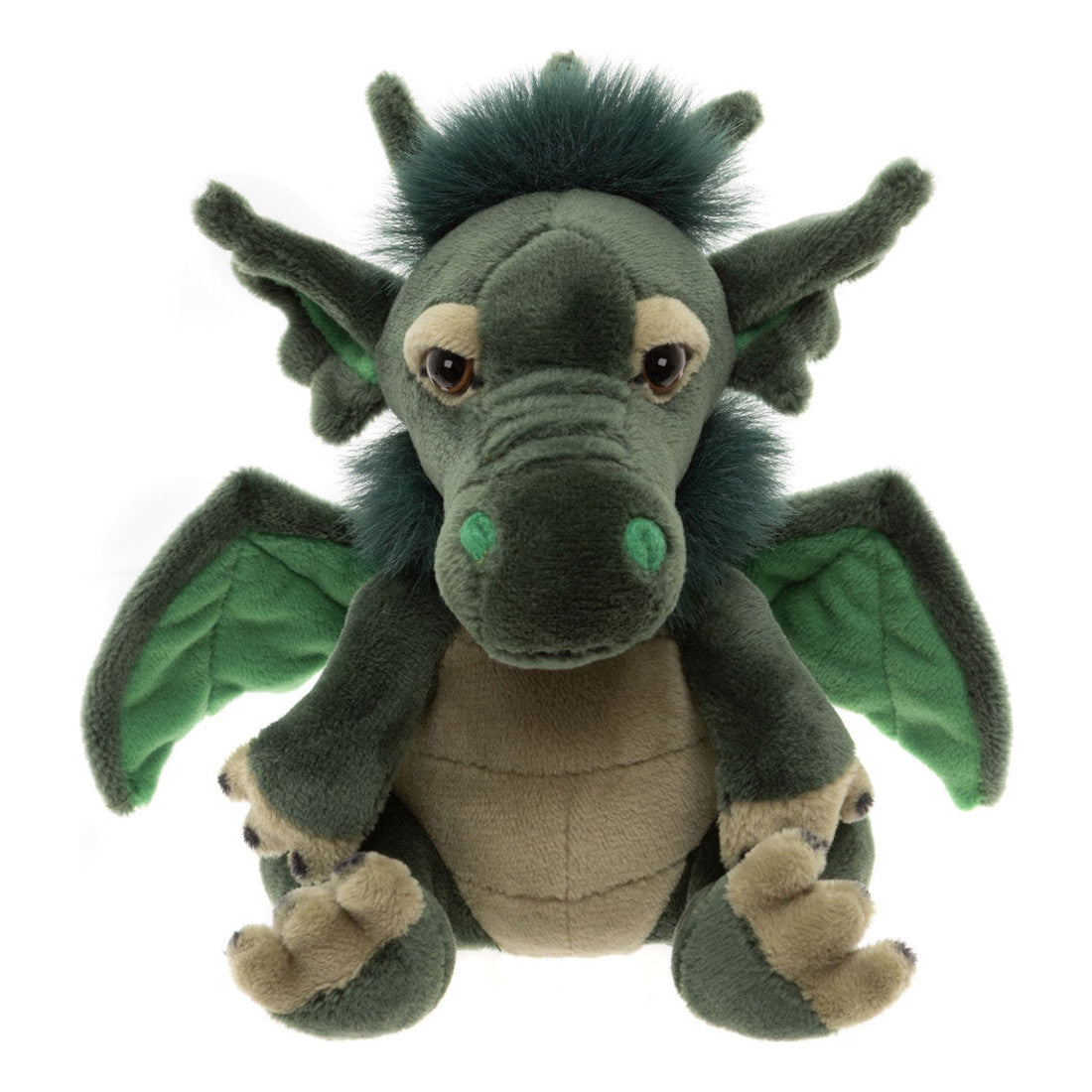 This is Cuddle Cub Grumbleweed by Charlie Bears. Small dragon with short, dense green fur that has a soft sheen and a mane of longer, shaggier green fur along the head and neck. Muzzle, face and outer wings are green; inner wings are lighter green; two teardrop-shaped lighter beige patches sit above the eyes. Tummy and lower jaw are beige with stitched horizontal segmentation lines. Paws and paw pads are beige with small darker beige or brown claw tips. Eyes are brown and the nose shows two small green...