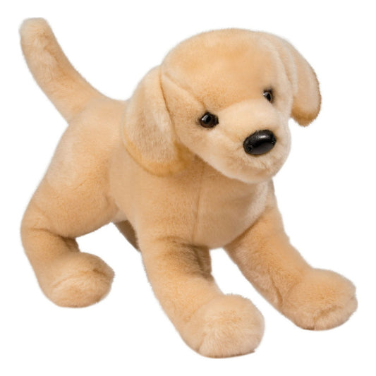 Det här är Mandy, en labrador från Douglas Cuddle Toys. Stor hund med genomgående beige päls som är kort till medellång, slät, medeltät och med svag glans. Nos, öronens insida, mage och tassar har samma beige ton. Ögonen är runda och mörkbruna, nosen svart och rundad med en svag kant upptill. Inga tydliga teckningar, fläckar eller ränder syns. Inga kläder eller tillbehör. Hon står med utsträckta framben och bakbenen under kroppen, med en mild och nyfiken uppsyn.