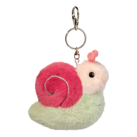 Det här är en snigel från Douglas Cuddle Toys. Liten snigel med kort, tät och lätt blank päls: rosa på det spiralformade skalet, ljusrosa på det runda huvudet och ljusgrön på kropp och fot. Skalet har en spiral broderad i silvrig tråd. På huvudet sitter två korta antenner i samma ljusrosa päls, ett runt svart öga syns, men ingen nos. Snigeln sitter i vila med kroppen utsträckt under skalet och har en mild, nyfiken min. Den är fäst vid en nyckelring i metall med lås.