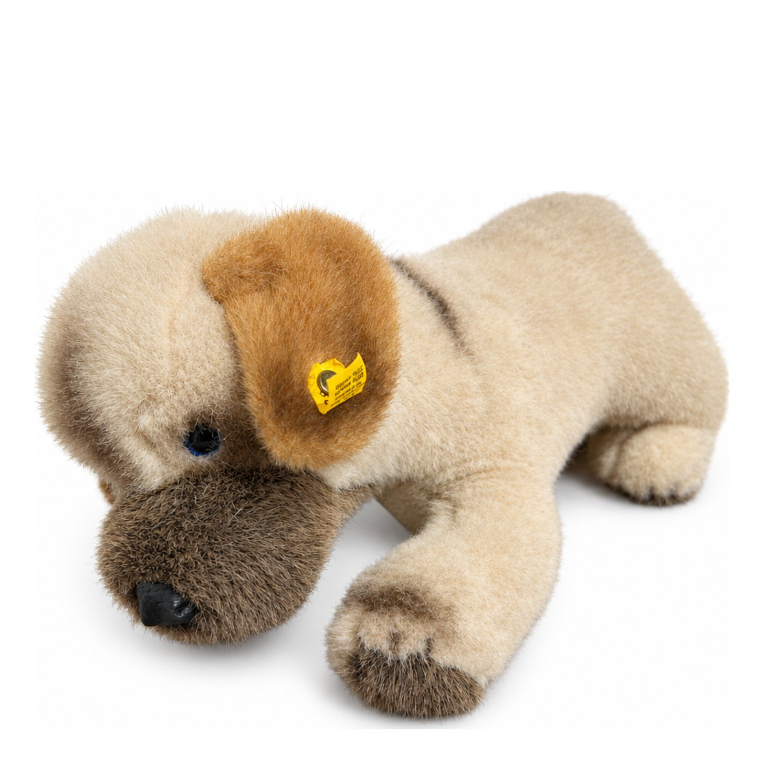 Det här är Welfo, en hund från Steiff. En stående hund med kort, tät plyschpäls som har en svag lyster. Pälsen är beige på större delen av kroppen och mellanbrun till mörkbrun på nos, öronens överdel och tassarnas spetsar, och en smal mörkbrun rand löper längs ryggen. Öronens insida är brun, magen beige och trampdynorna bruna. Ögonen är blå, nosen svart och rundad. Inga kläder eller accessoarer syns. Ansiktet har ett lugnt och milt uttryck.